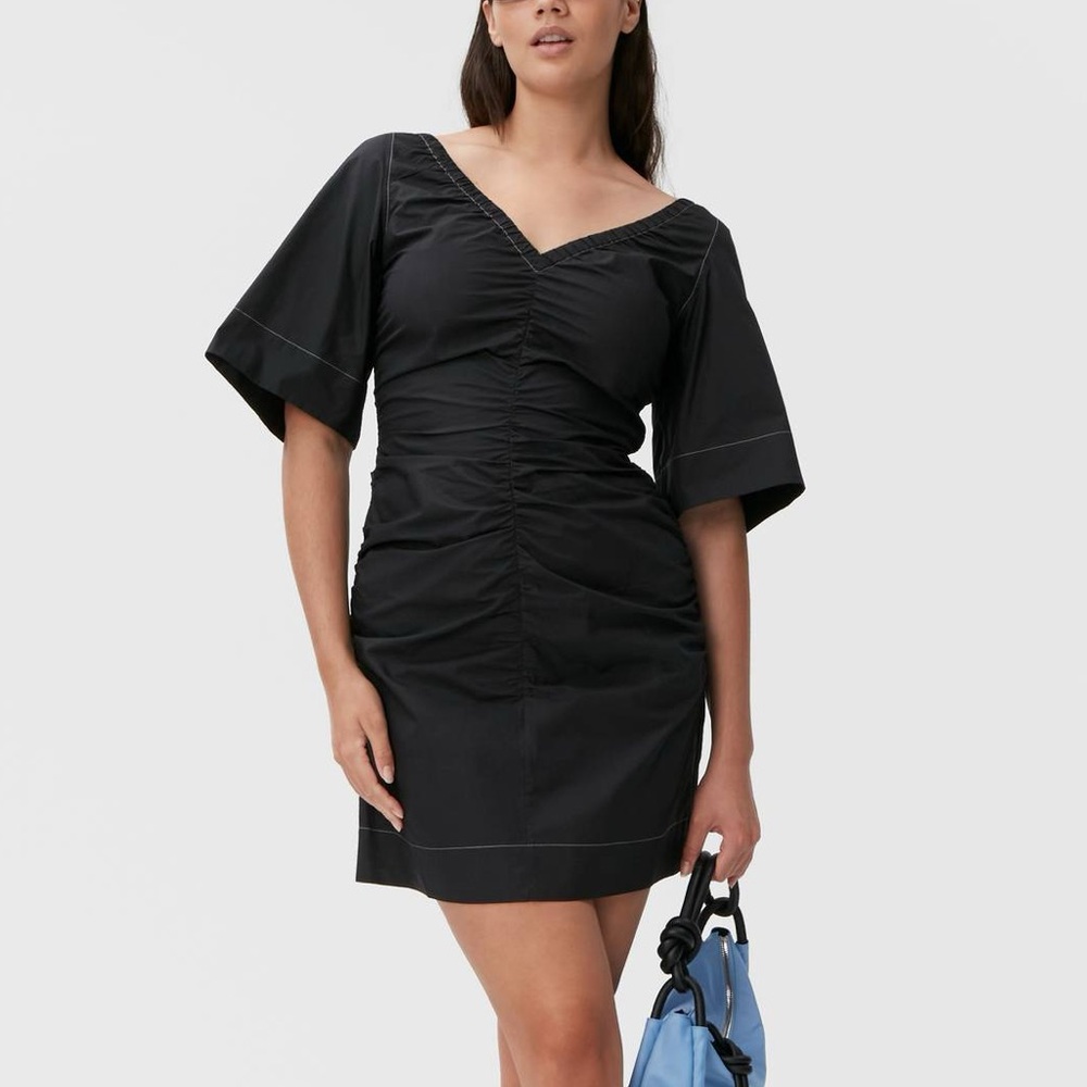 NWT Ganni Cotton Poplin V-neck Fitted Mini Dress
